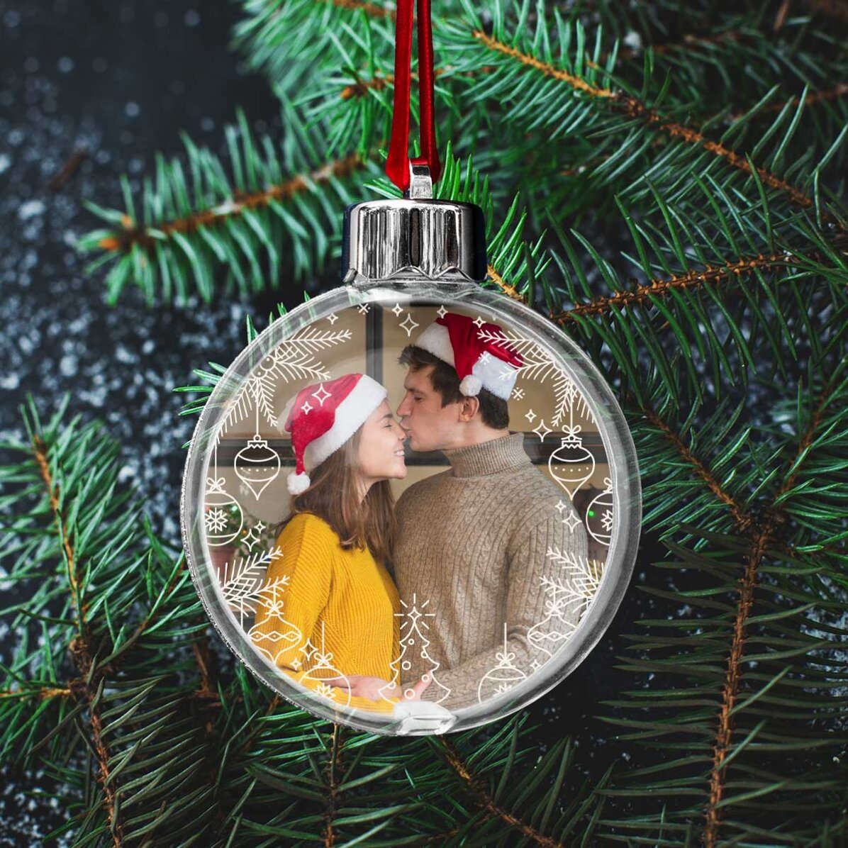 Boule transparente personnalisée recto-verso avec une photo et un message - Notre premier Noël en ta