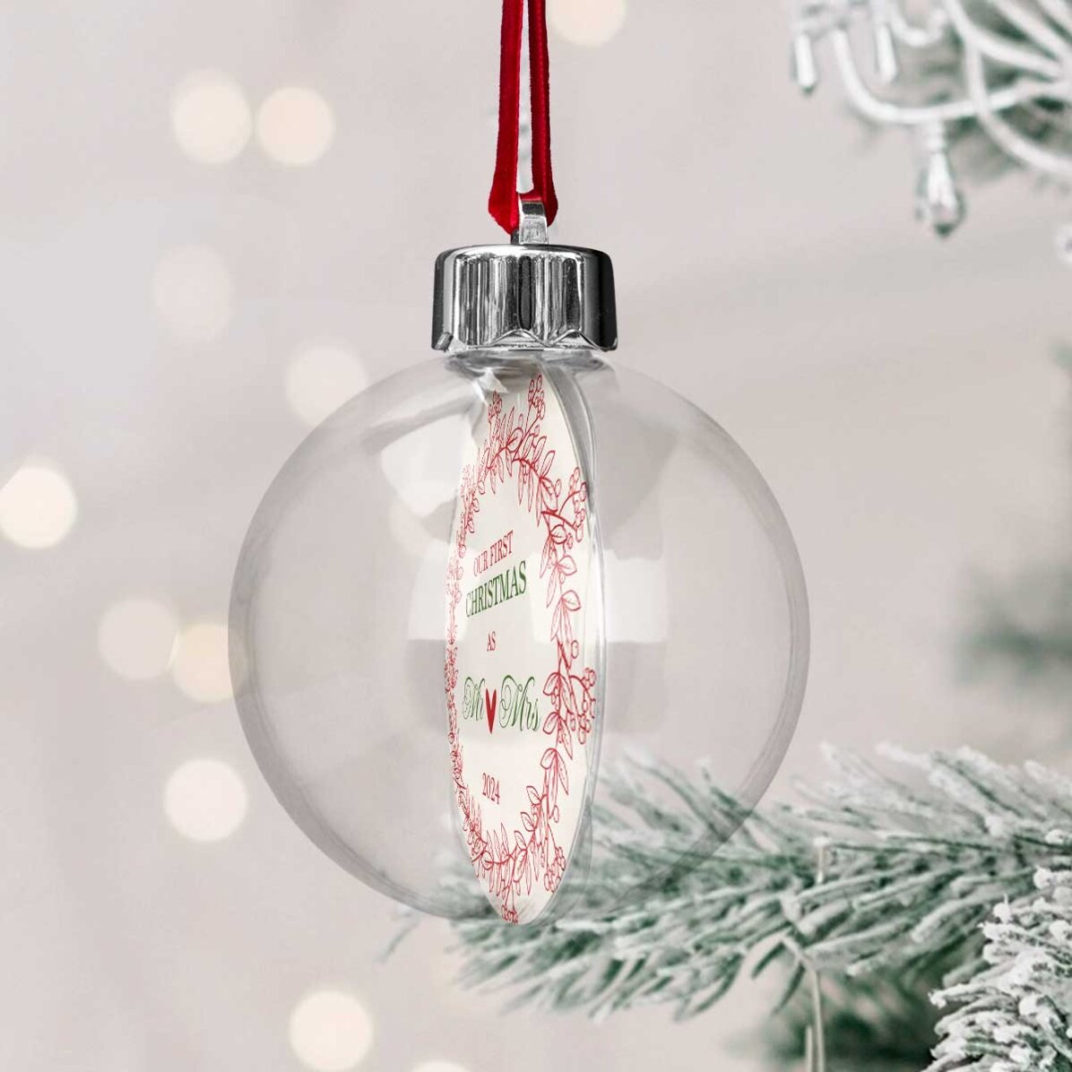 Boule transparente personnalisée recto-verso avec une photo et un message - Notre premier Noël en ta