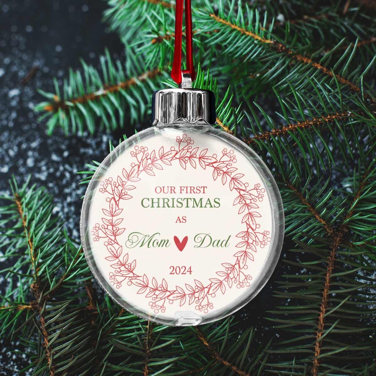 Boule transparente personnalisée recto-verso avec une photo et un message - Notre premier Noël en ta