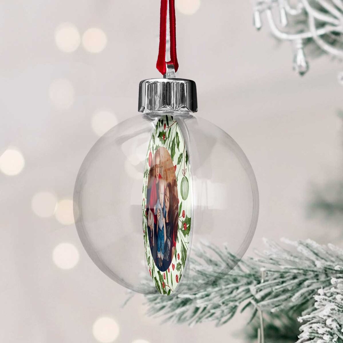 Boule de Noël transparente personnalisée recto-verso avec une photo et un message - Mon premier Noël