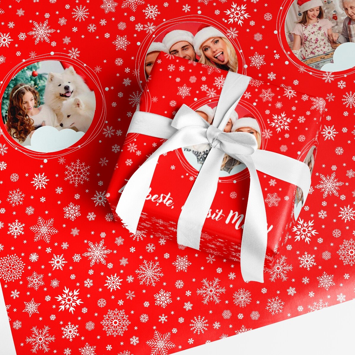 Gepersonaliseerd cadeaupapier met 3 foto’s en tekst - Sneeuwvlokken