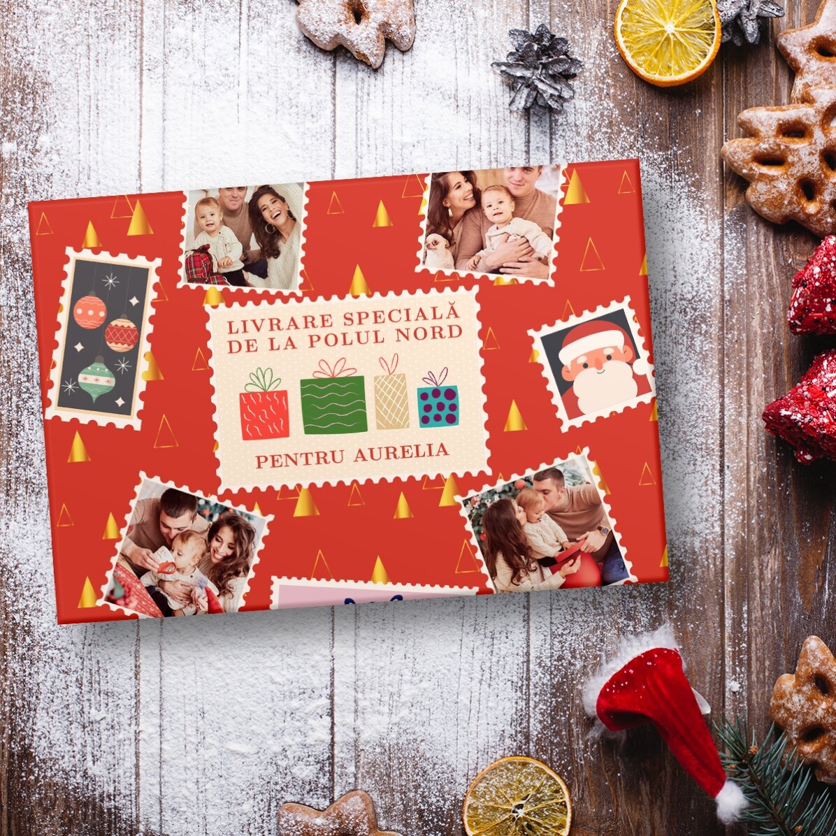 Gepersonaliseerd cadeaupapier met 4 foto’s en tekst - Kerstzegels