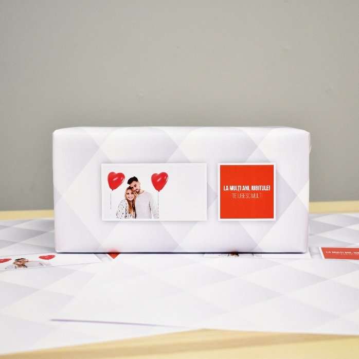 Gepersonaliseerd cadeaupapier met een foto en tekst