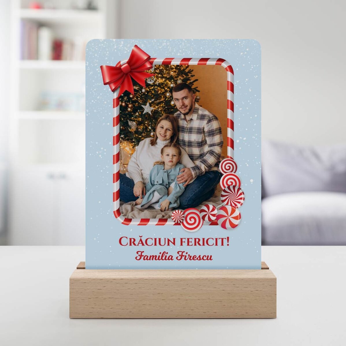 Lampe de veille LED personnalisée avec une photo et un message - Joyeux Noël !