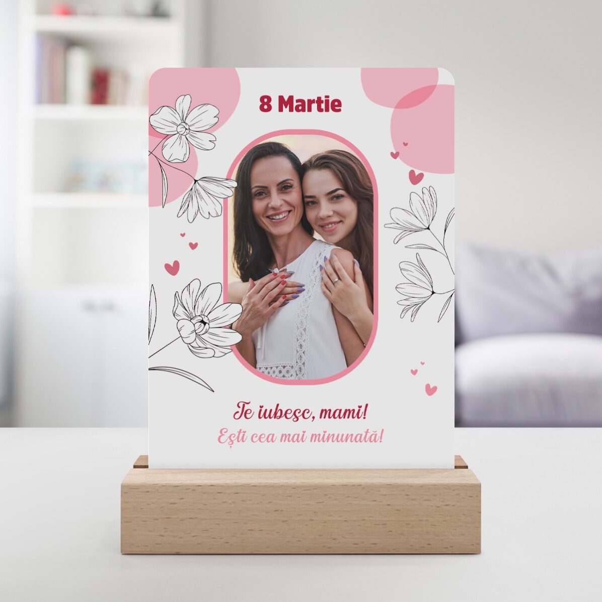 Gepersonaliseerde LED-nachtlamp met een foto en tekst - Floral