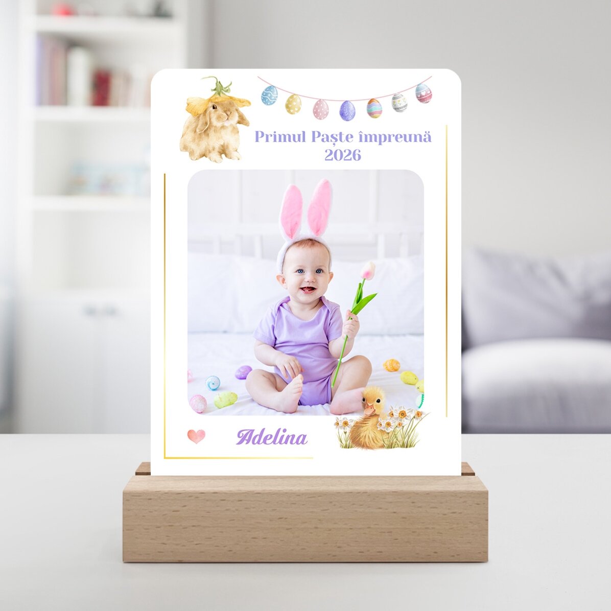 Gepersonaliseerde LED-nachtlamp met een foto en tekst - Eerste Pasen