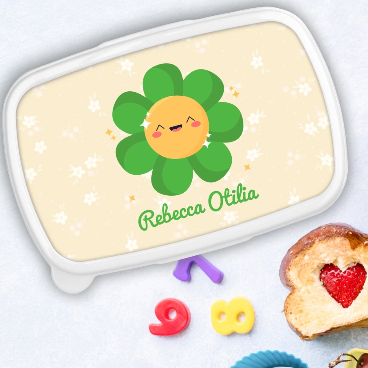 Boîte à repas, boîte à repas personnalisée avec prénom - Modèle « fleur colorée »