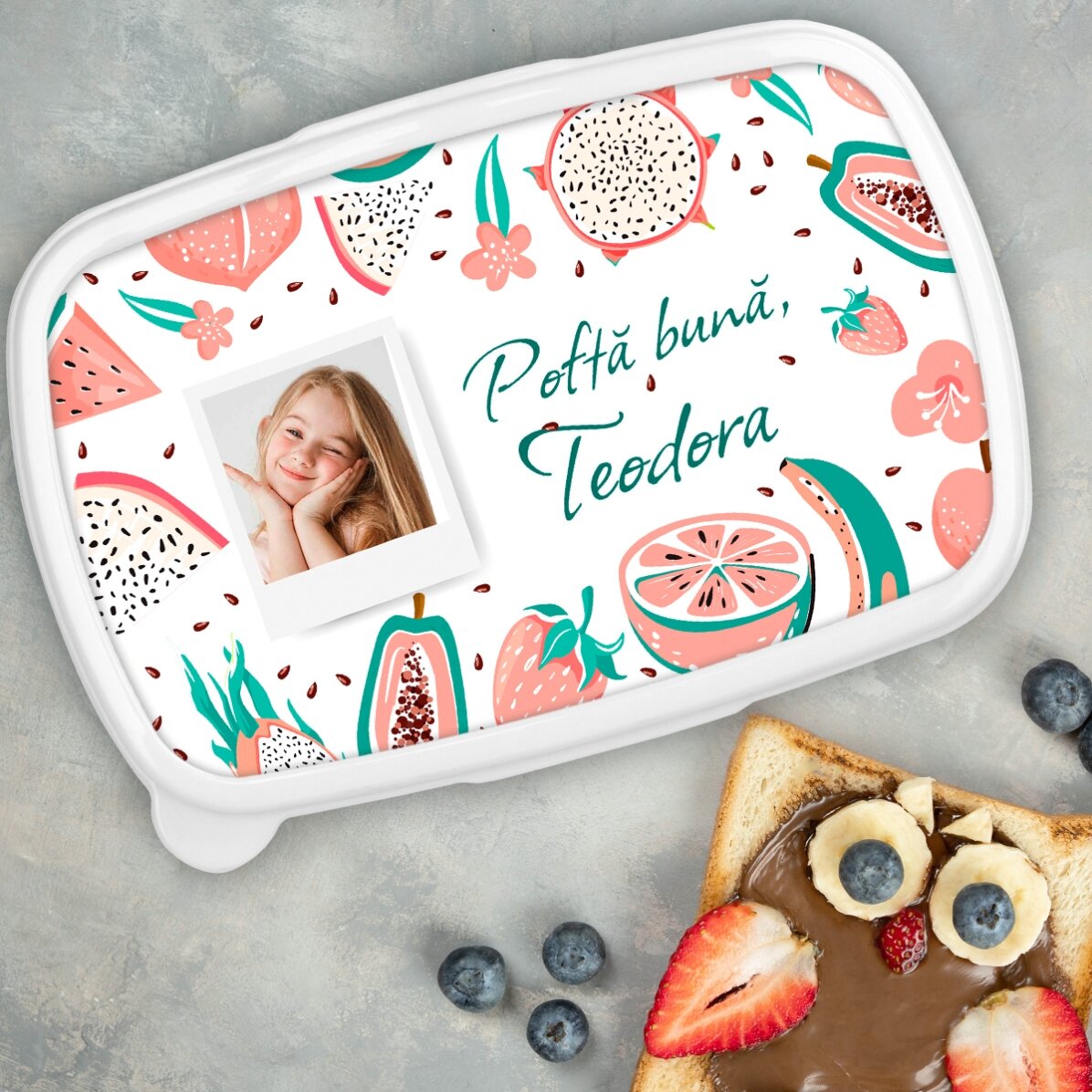 Lunchbox, gepersonaliseerde lunchtrommel met een foto en een boodschap - Fruit