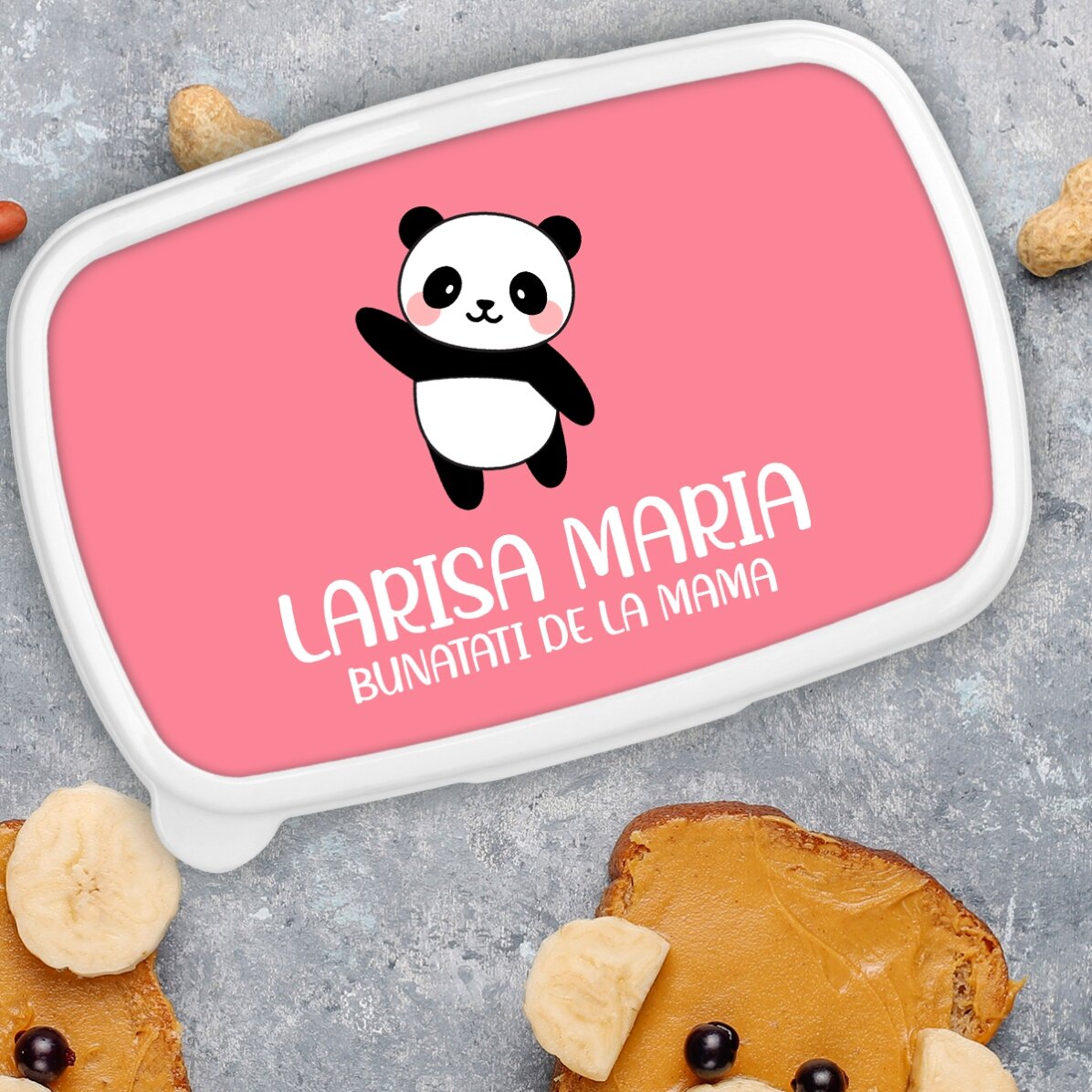 Lunchbox, gepersonaliseerde lunchbox met tekst en gekleurde achtergrond - Panda