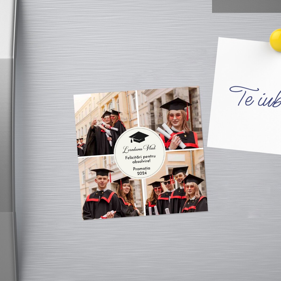 Gepersonaliseerde magneet van 10 x 10 cm met 4 foto’s en tekst – Afstuderen