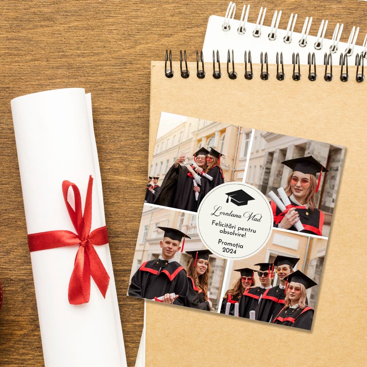 Gepersonaliseerde magneet van 10 x 10 cm met 4 foto’s en tekst – Afstuderen
