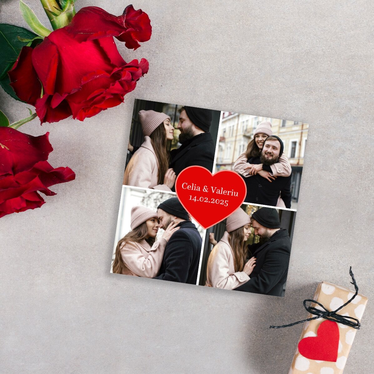 Gepersonaliseerde magneet van 10x10 met 4 foto’s en tekst - Hart