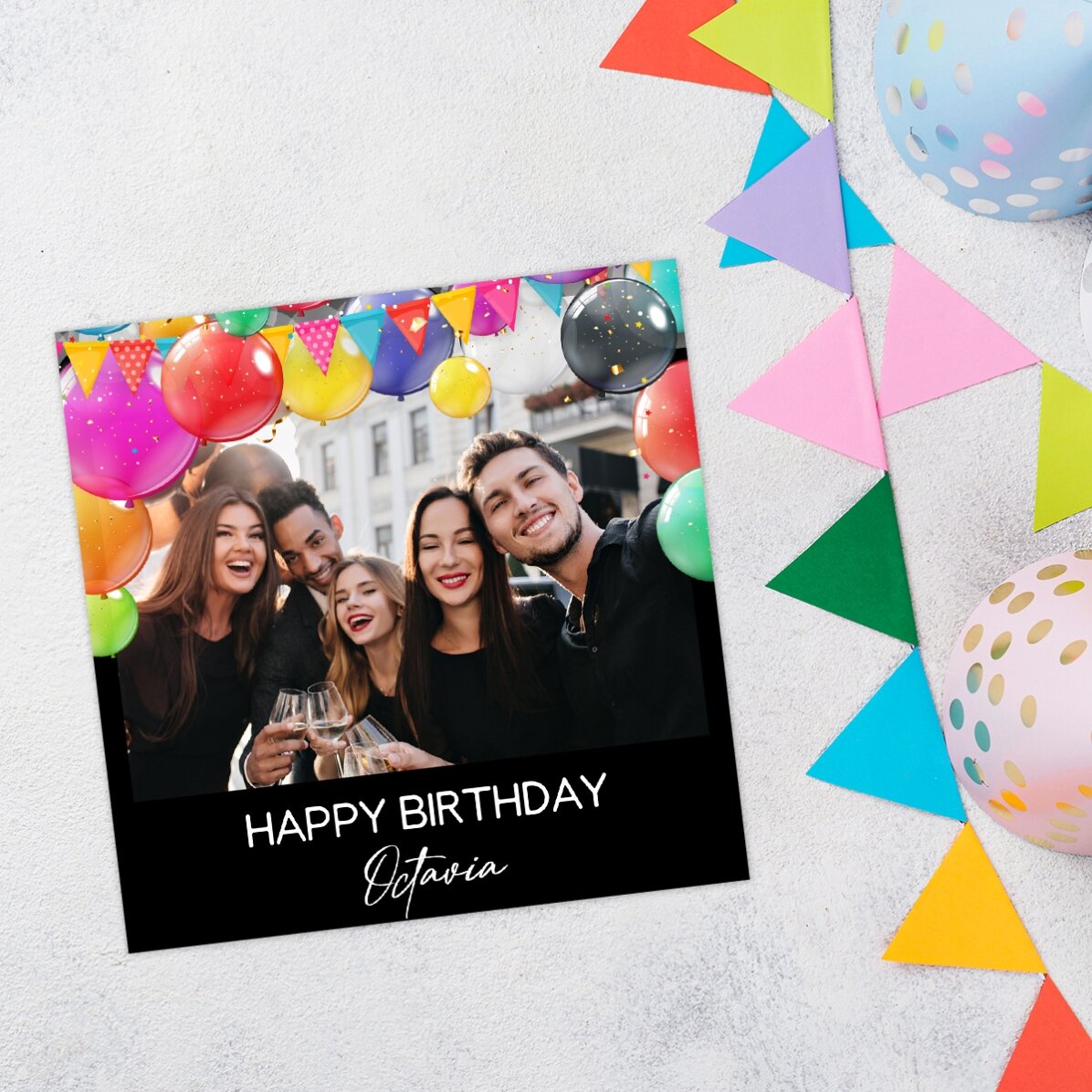 Gepersonaliseerde magneet van 10x10 met een foto en tekst - Happy Birthday