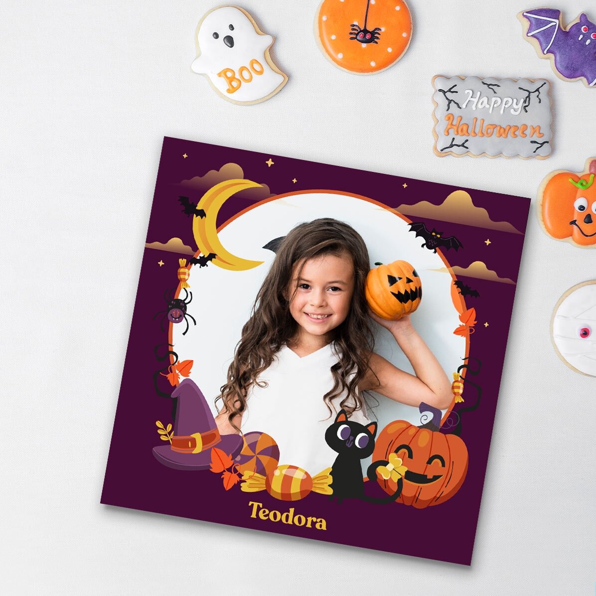Gepersonaliseerde magneet van 10x10 met een foto en tekst - Happy Halloween