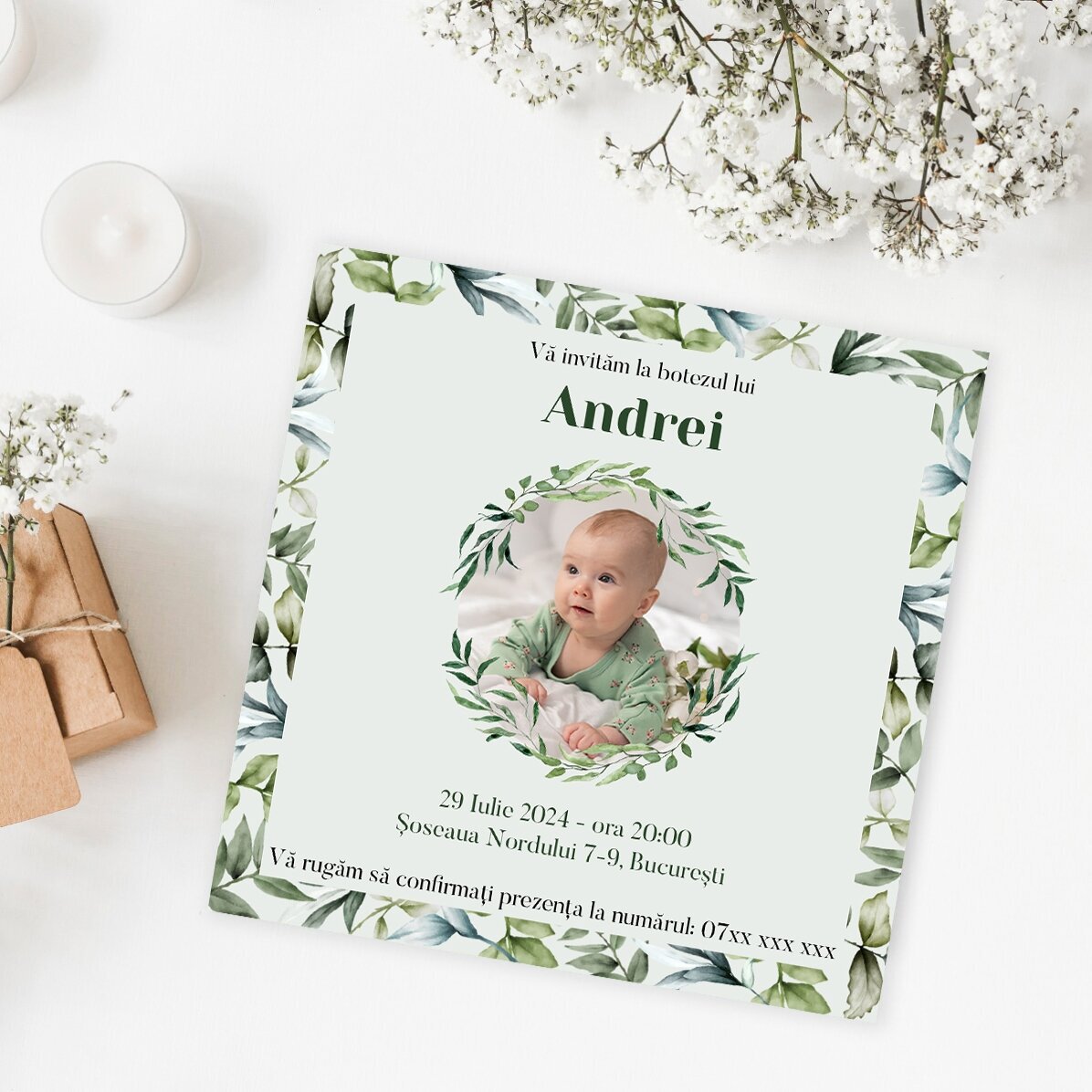 Aimant 10 x 10 personnalisé avec une photo et un texte - Invitation à un baptême