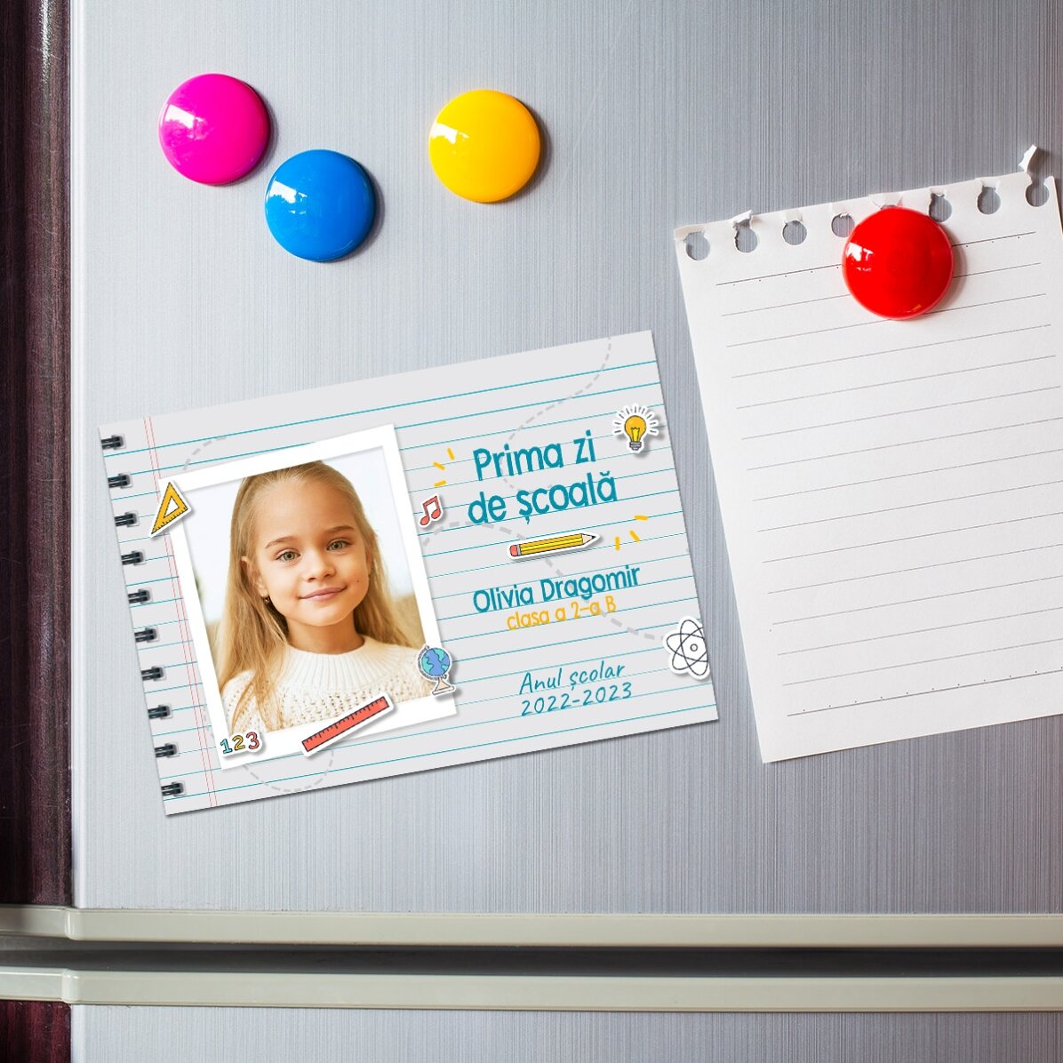 Gepersonaliseerde magneet van 10 x 7 cm met een foto en tekst – Eerste schooldag