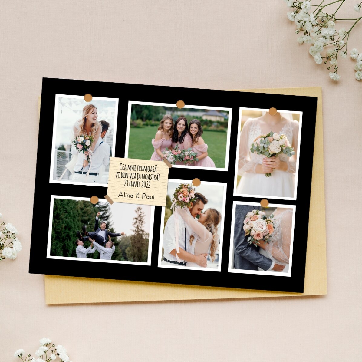 Aimant personnalisé de 18 x 13 cm avec 6 photos et un texte - Souvenirs