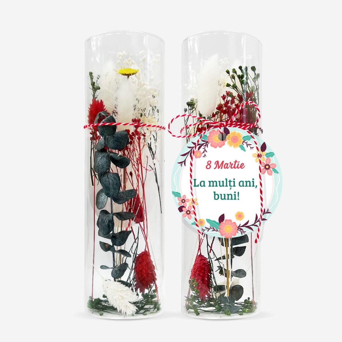 Martisor-sieraad van glas met geconserveerde bloemen, gepersonaliseerd met een boodschap