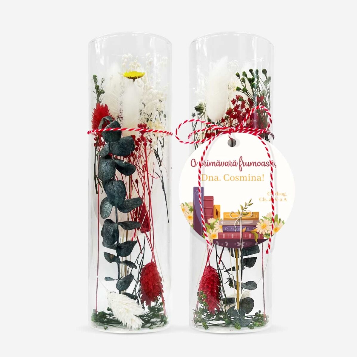 Décoration « martisor » en verre avec des fleurs stabilisées, personnalisée avec un message pour la 