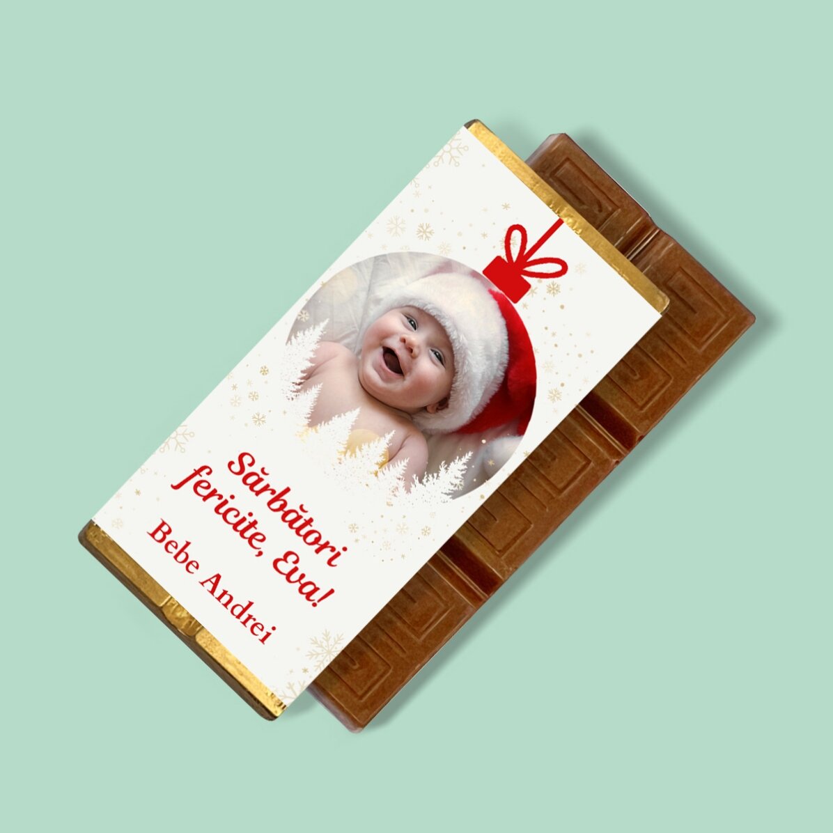 Mini-chocoladetabletje, gepersonaliseerd met een foto en een boodschap - Kerstbal