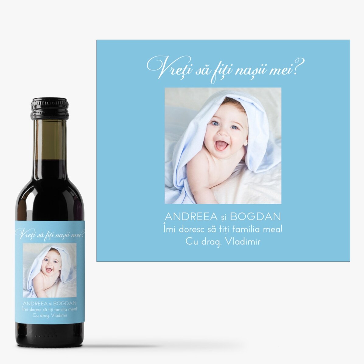 Mini-wijnflesje, gepersonaliseerd met een foto en een boodschap voor je dierbaren