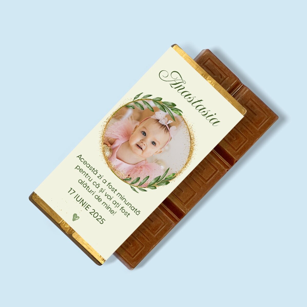 Gepersonaliseerde mini-chocoladetablet met foto en boodschap voor een doop