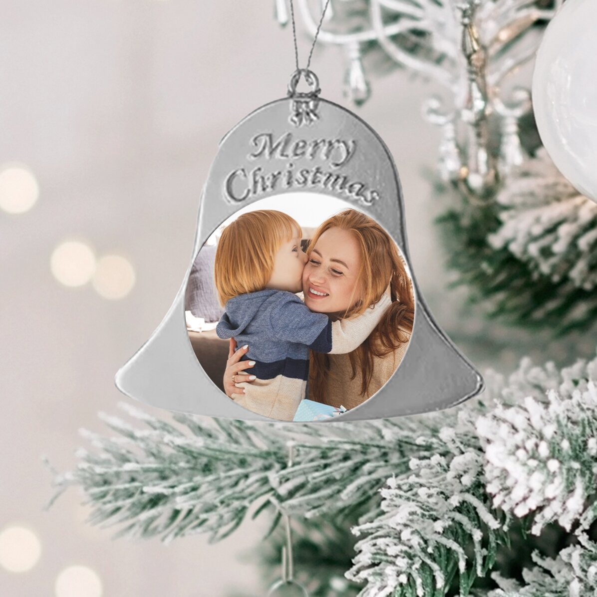 Gepersonaliseerde kerstboomversiering met twee foto’s – model Clopotel