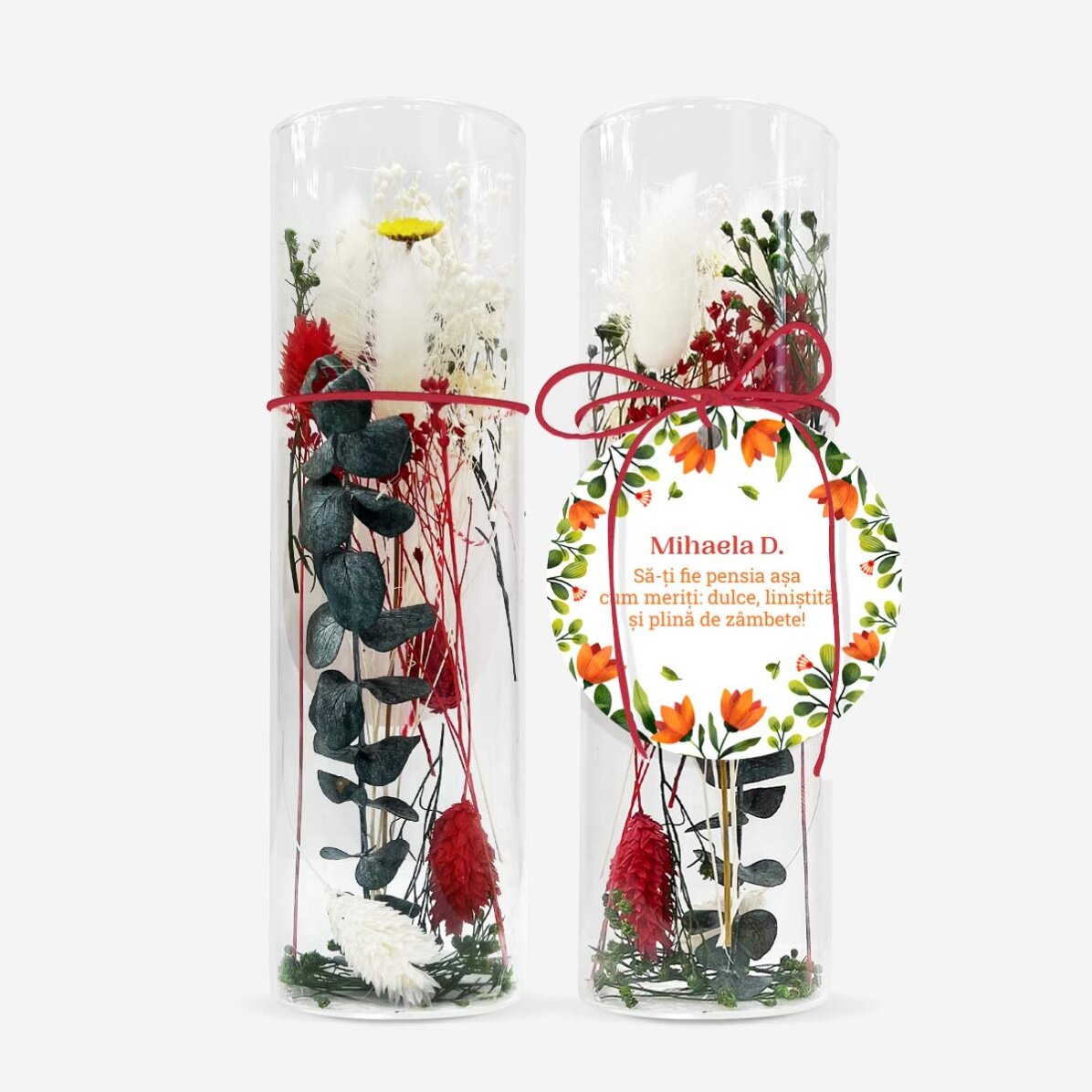 Glasornament met geconserveerde bloemen, gepersonaliseerd met een boodschap - Pensioen