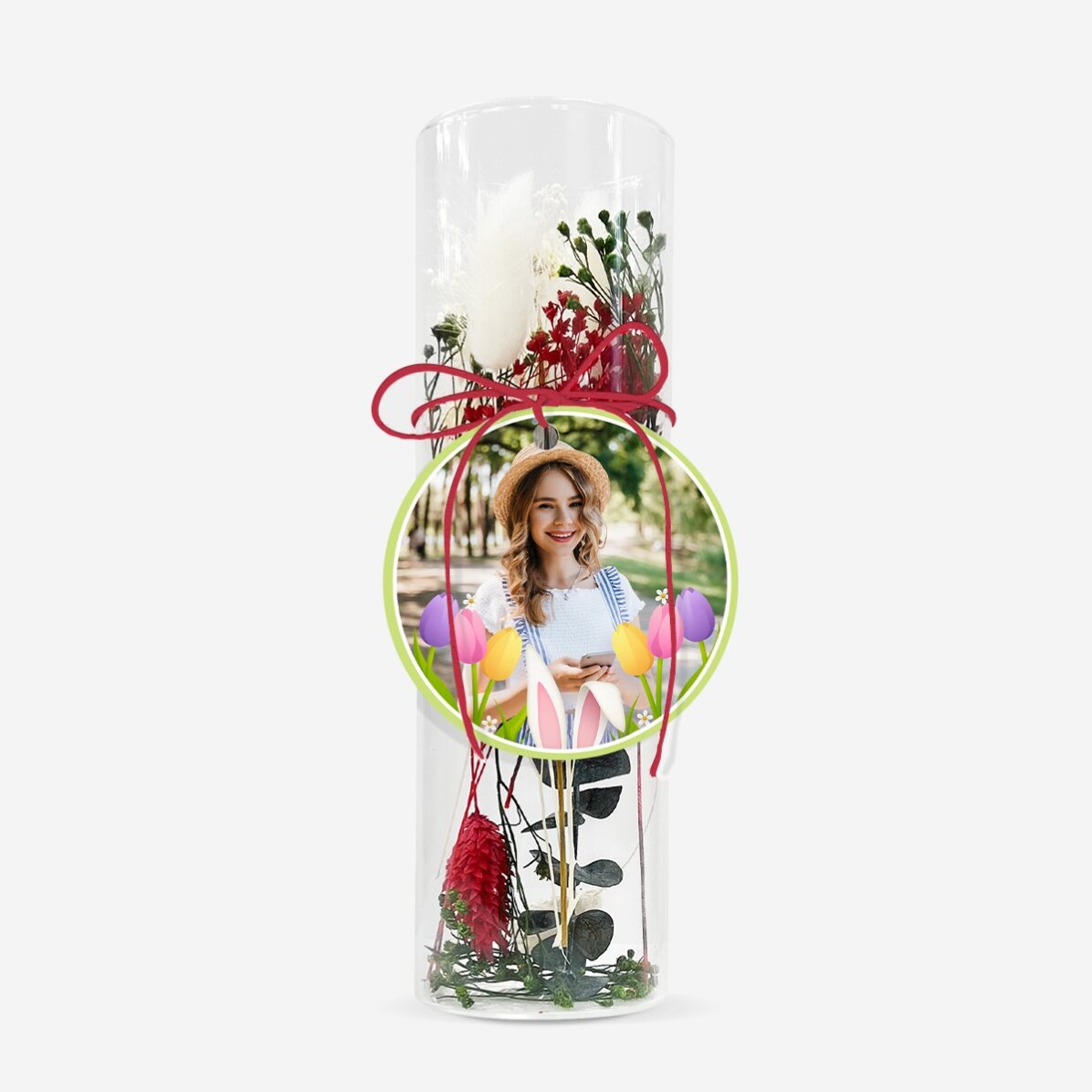 Glasornament met geconserveerde bloemen, gepersonaliseerd met een foto - Pasen