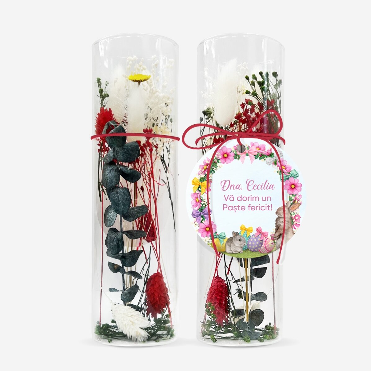 Glasornament met geconserveerde bloemen, gepersonaliseerd met een paasboodschap