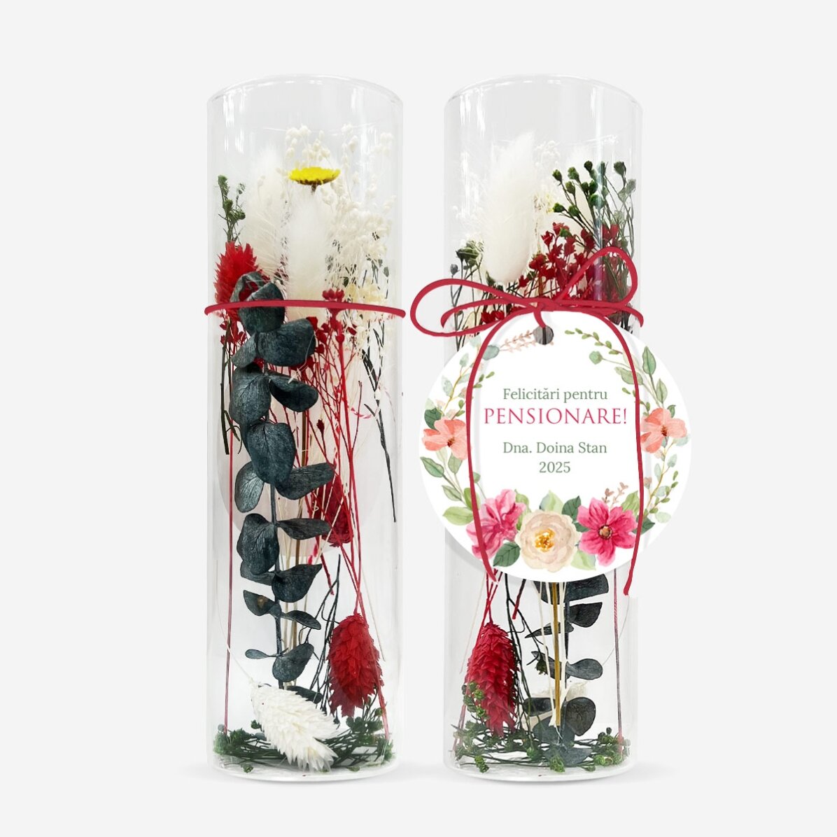 Glasornament met geconserveerde bloemen, gepersonaliseerd met tekst - Pensioen