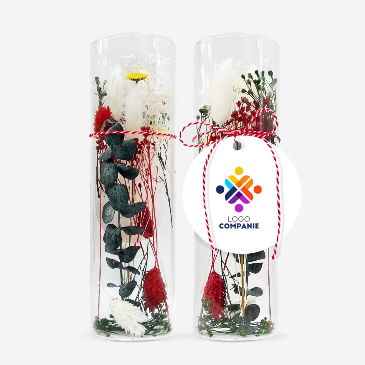 Pendentif « martisor » en verre avec fleurs stabilisées, personnalisé avec un logo