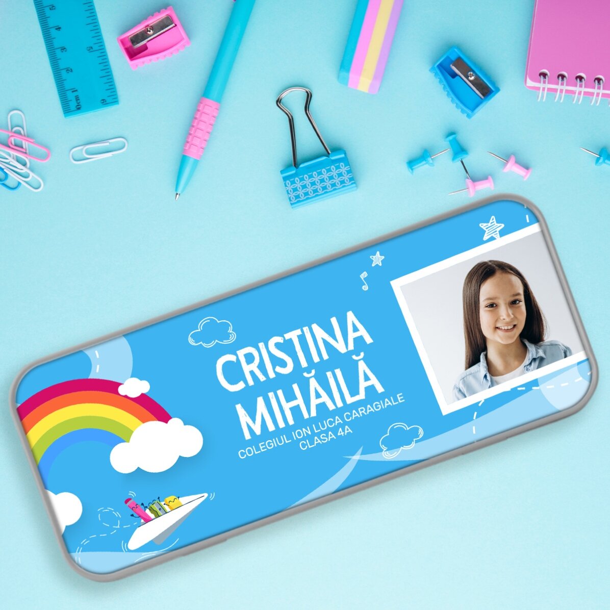 Gepersonaliseerd etui met een foto en tekst - Regenboogmodel