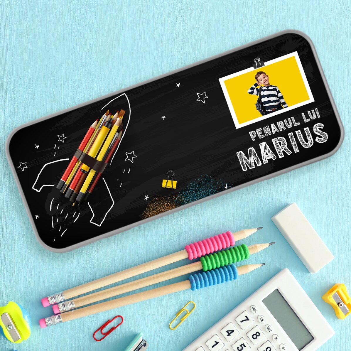 Gepersonaliseerd etui met een foto en tekst - Racheta
