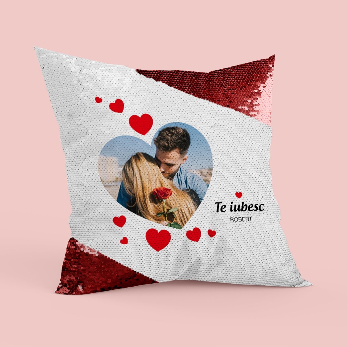 Coussin à paillettes personnalisé avec une photo et un message d