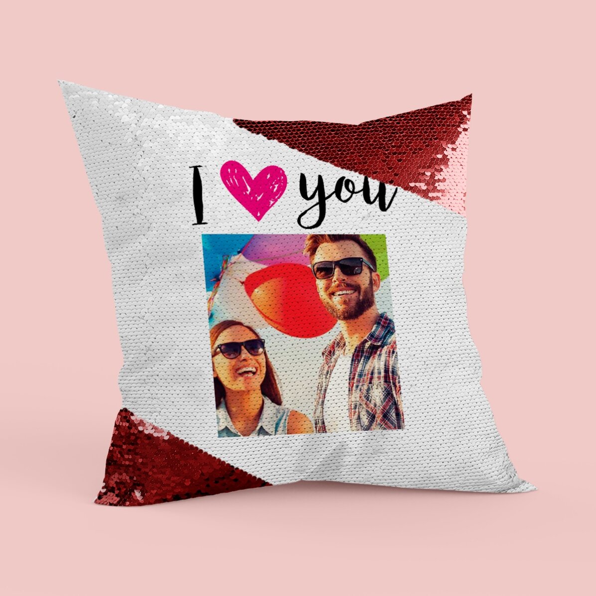 Coussin à paillettes personnalisé avec photo - « I love you »