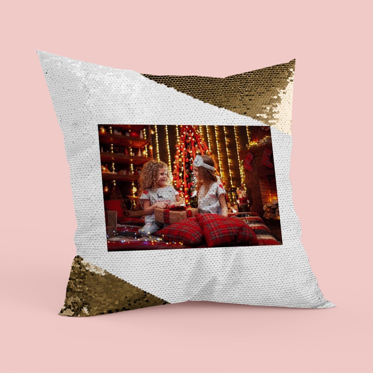 Gepersonaliseerd kussen met pailletten en foto - Gouden pailletten