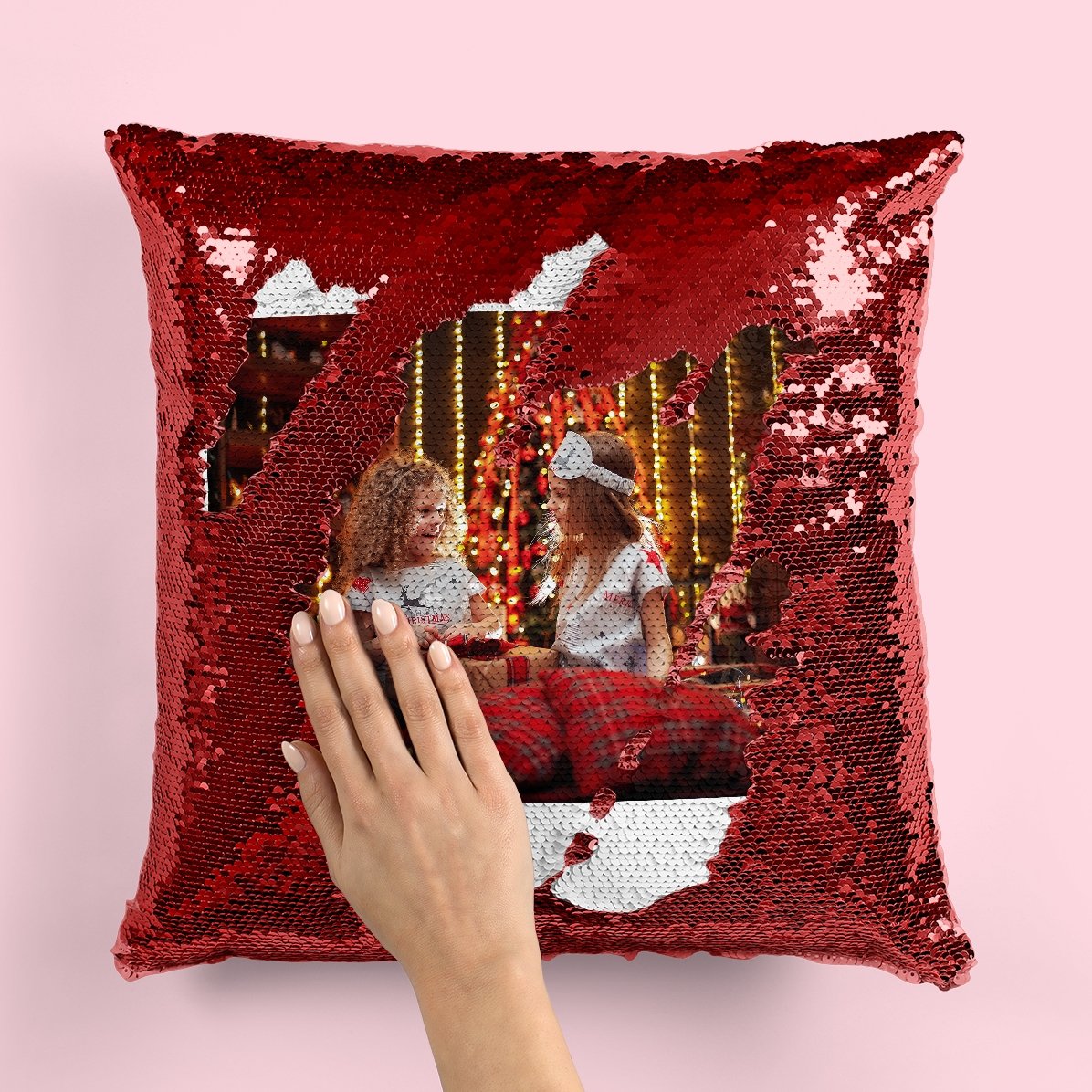 Coussin à paillettes personnalisé avec une photo