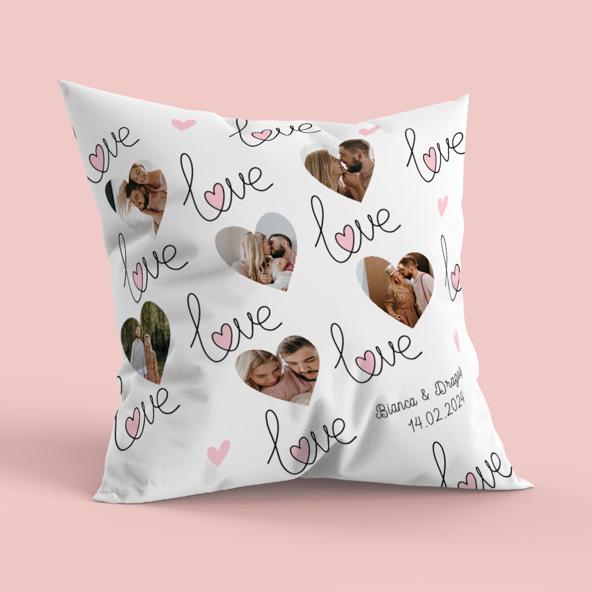 Coussin personnalisé avec 6 photos en forme de cœur et un message - Love