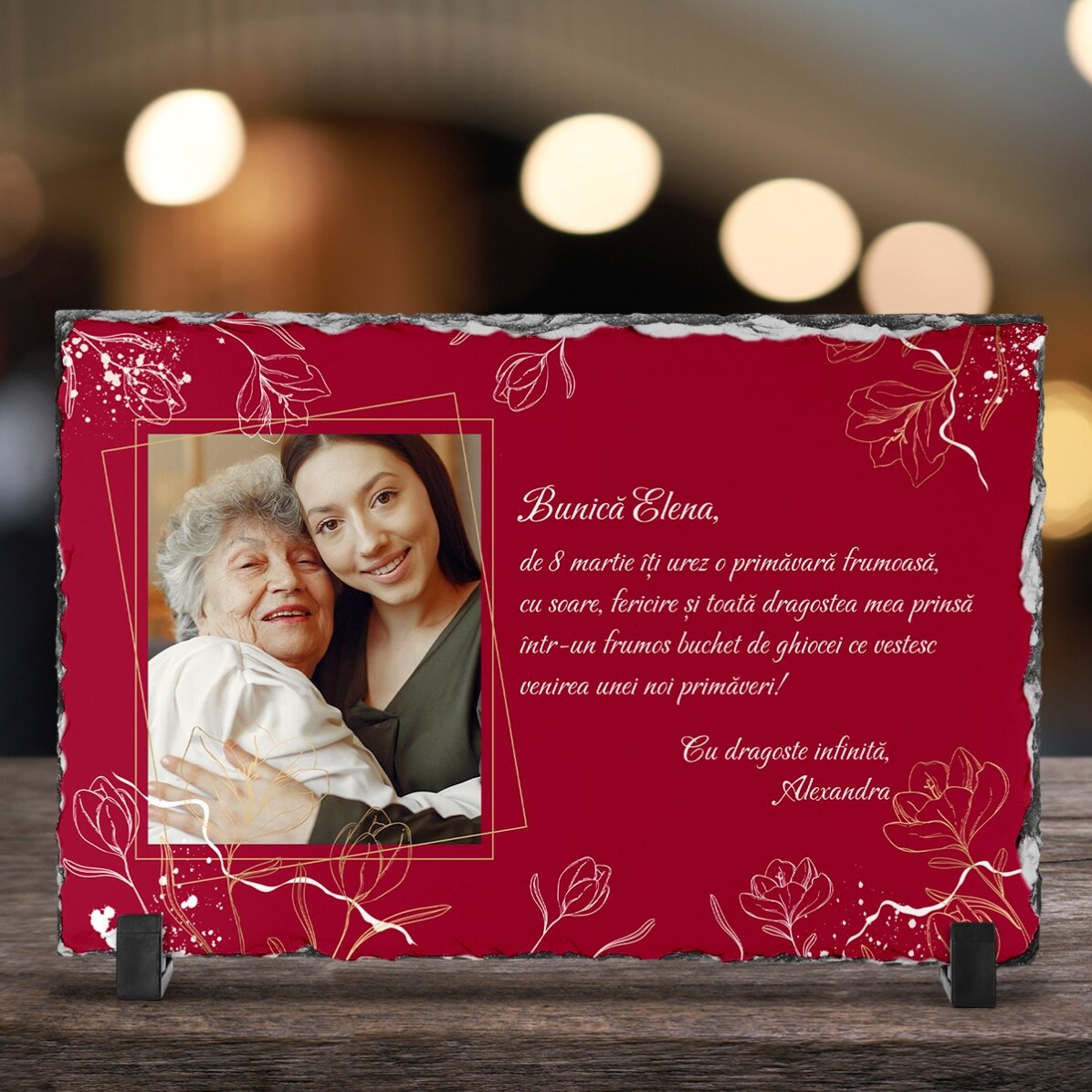 Plaque en ardoise personnalisée avec une photo et un message - Flowers