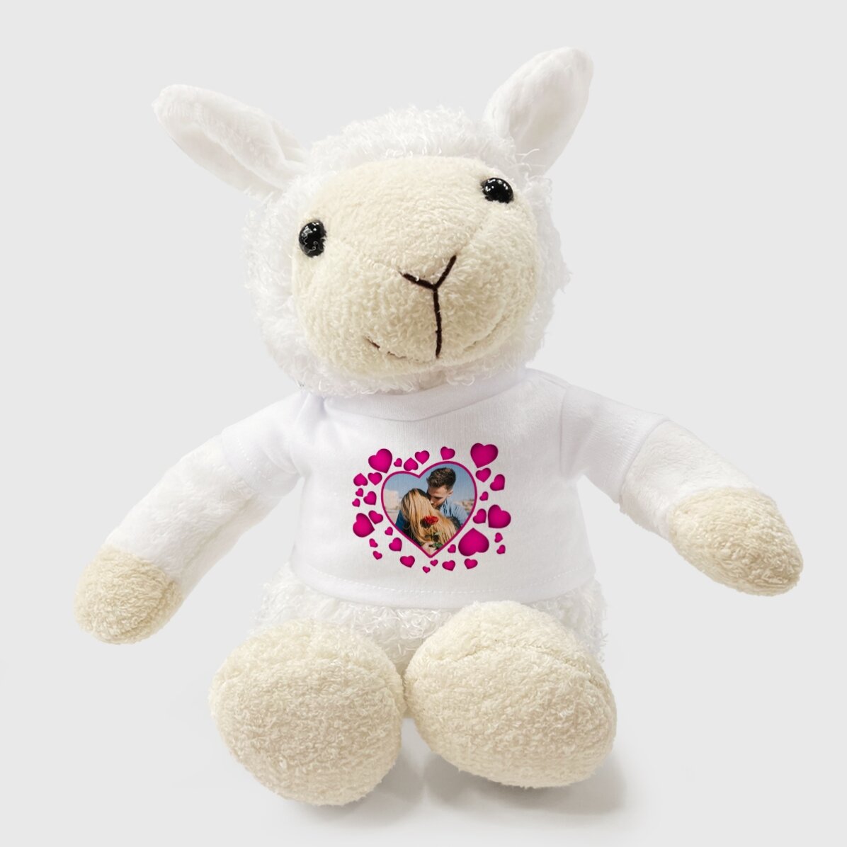 Plus een gepersonaliseerd schaapje met roze hartjes en een foto