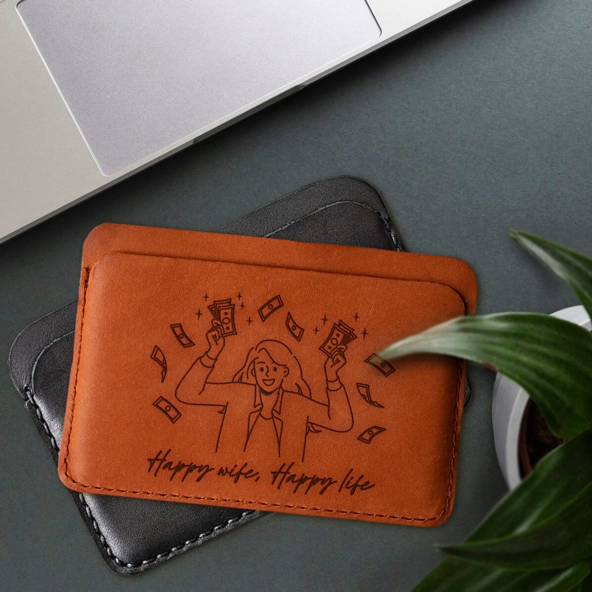 Gepersonaliseerde leren portemonnee met tekst - Happy wife, Happy life