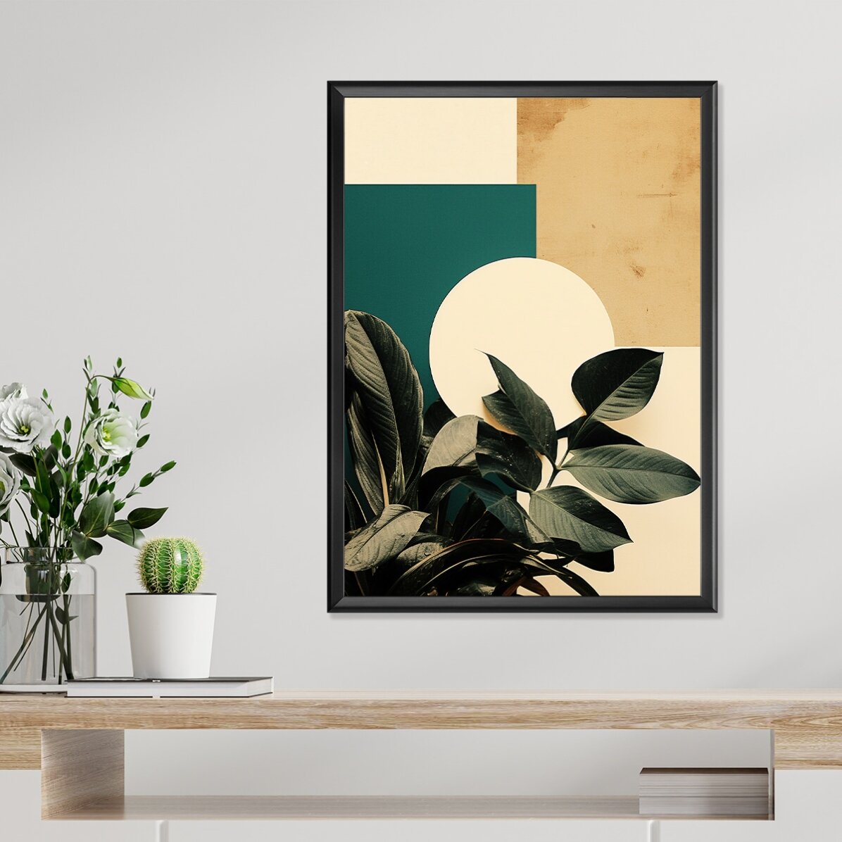 Poster met bladeren en geometrische vormen