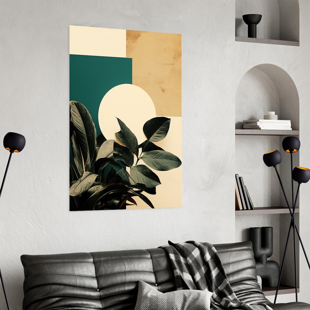 Poster met bladeren en geometrische vormen
