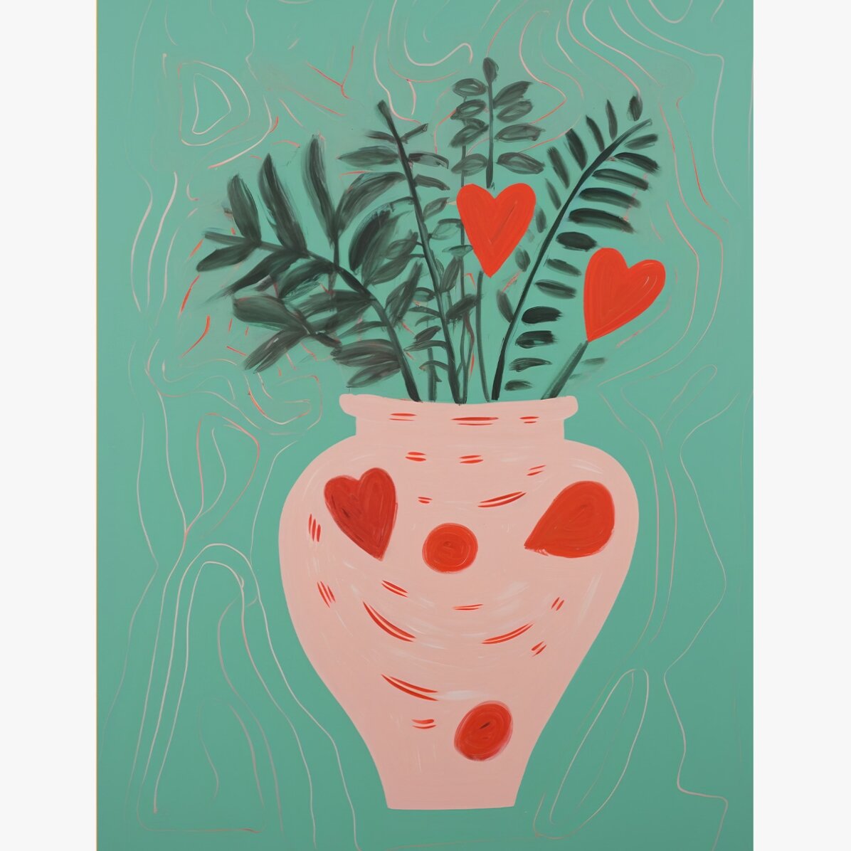 Poster met illustraties van potplanten en getekende hartjes