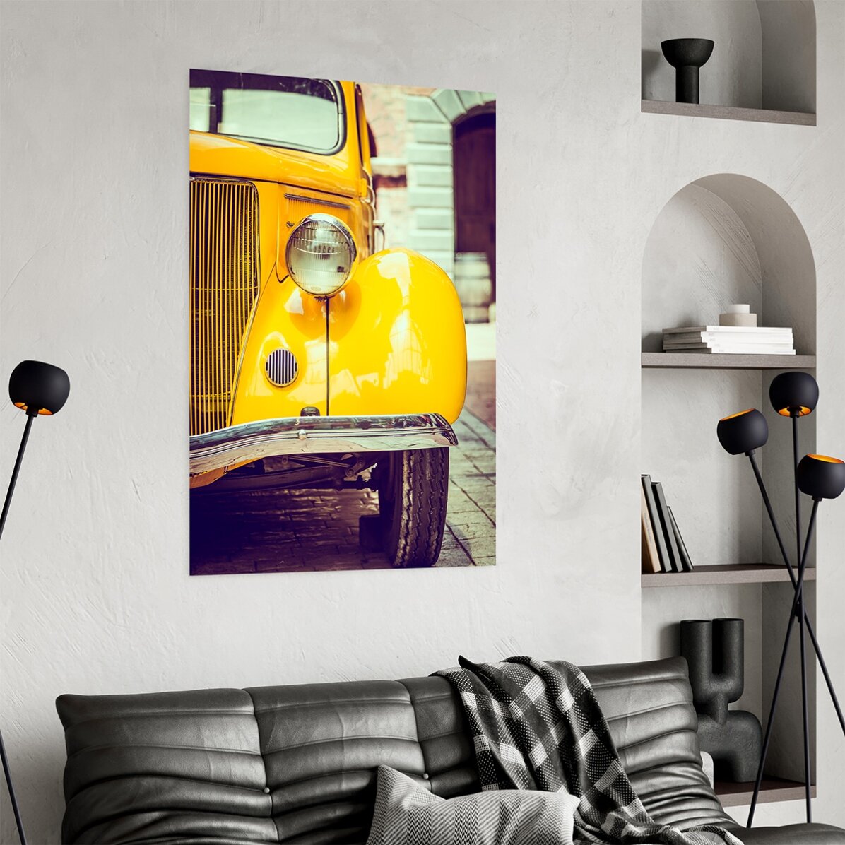 Poster met een gele vintage auto