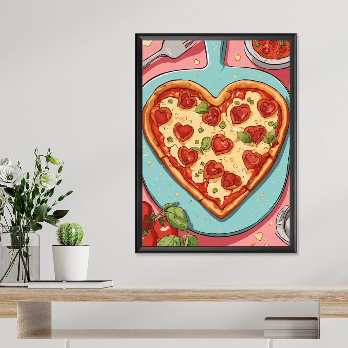 Poster met hartvormige pizza
