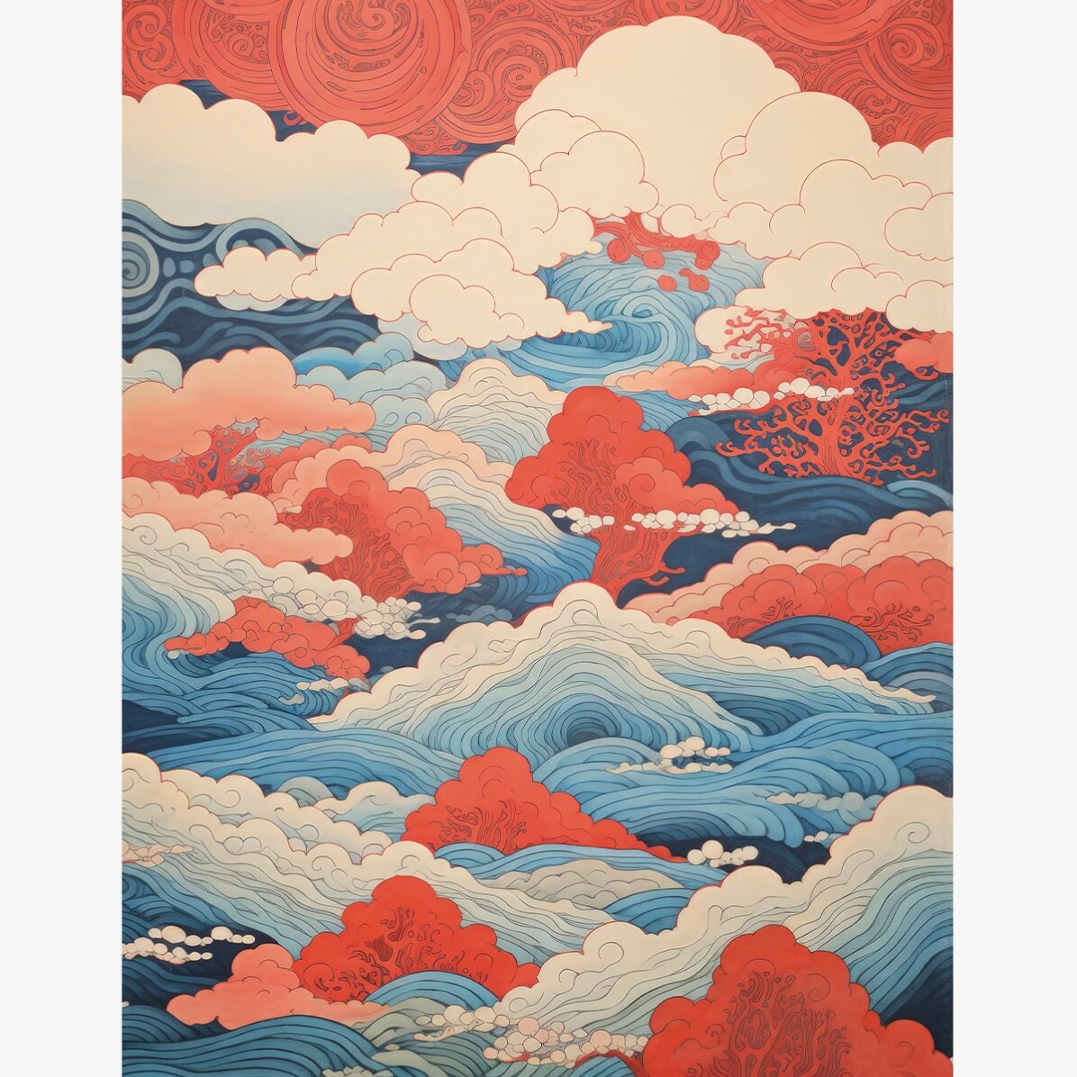 Poster met golven en wolken in Japanse stijl