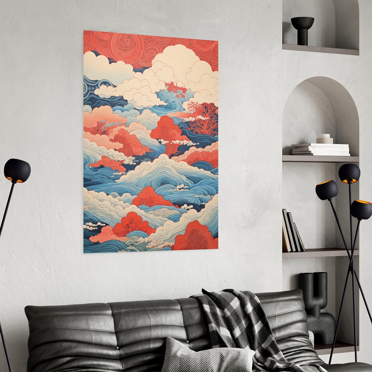 Poster met golven en wolken in Japanse stijl