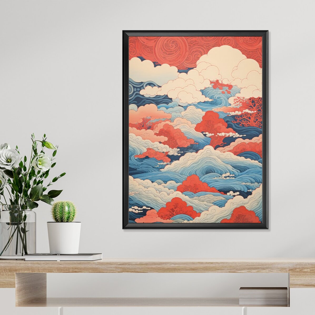 Poster met golven en wolken in Japanse stijl